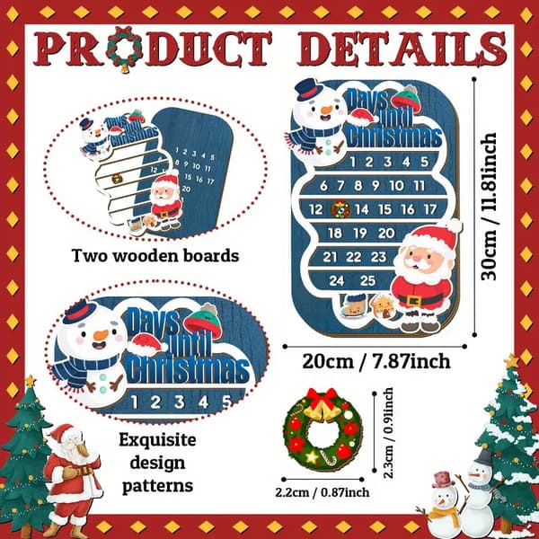 Træ Julekalender med Snemand og Julemands Design (12 Dage)