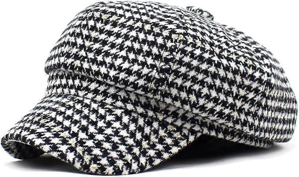 Stilfuld Unisex Efterår Vinter Tweed Newsboy Hat Sort 8 Panel Houndstooth Casual (Fww)