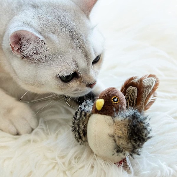 Katt leksaker för inomhuskatter, interaktiv katt leksak med riktig kvittrande fågel elektroniskt ljud, katt fjäder leksaker med mjuk plysch  fw