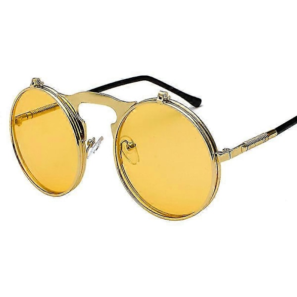 Unisex Solbriller for Menn med Oppklappbare Linser, Runde Briller [FW] Gold Frame Yellow Lenses