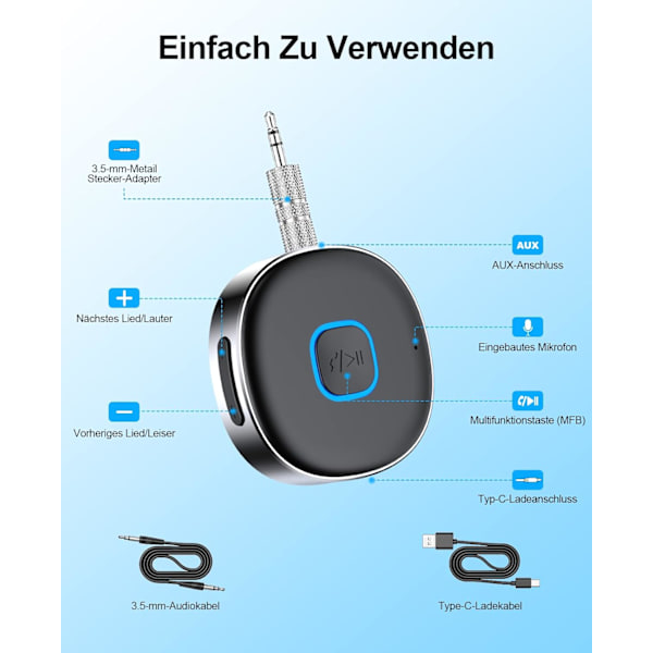 Bil Bluetooth AUX Adapter med Trådløs Bluetooth 5.0 Receiver, Dobbelt Forbindelse, 16 Timers Afspilningstid