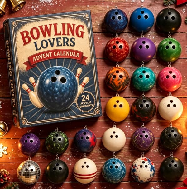 Julekalender 2026 – 2D akrylpynt med bowlingtema, 24-dages kalender. (W)