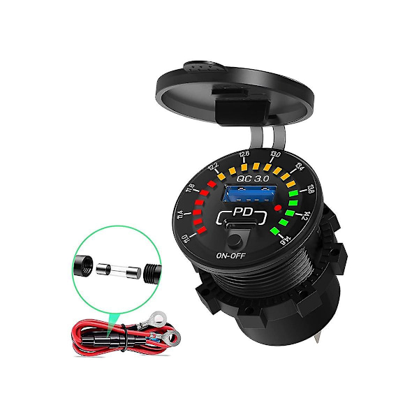 18W Type C PD Stik Hurtigoplader med Vandtæt LED Voltmeter Vippekontakt til Bil Båd