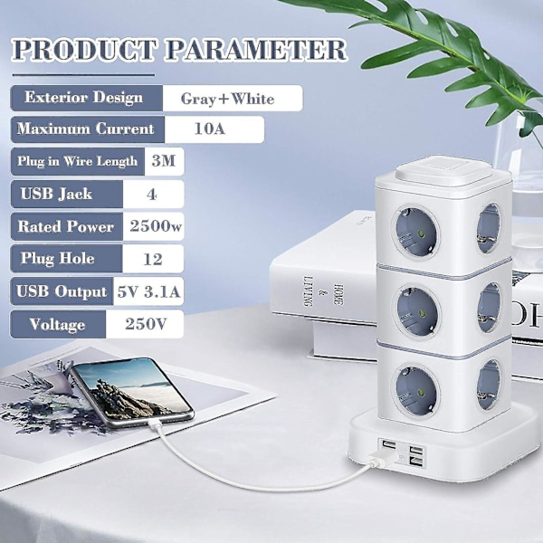 Vertikal Strømbrett, 12 Strømuttak Med 4 USB-Porter, Med Overspenningsvern For Hjem, 3m Forlengelsesledning (2500w/10a