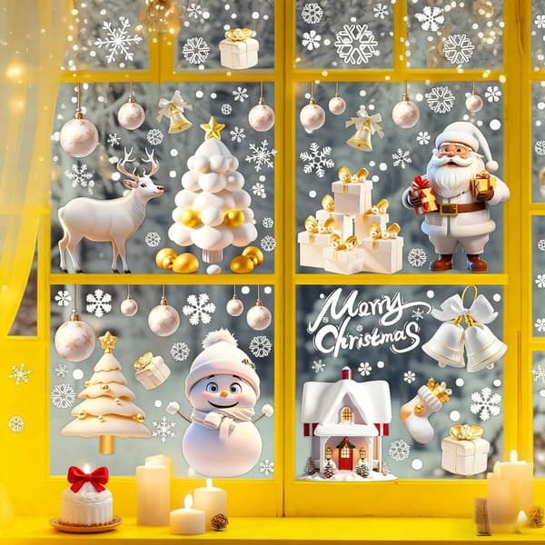 Jul Fönsterdekaler 24-pack - Tomte Älg Snögubbe Julstrumpa Träd Snöflingor