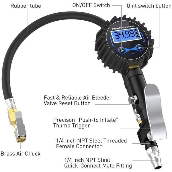 SIKSOG Digital Däcktrycksmätare - 250 PSI - Hög Precision - Däckpumpning - Digital Display (Fww)