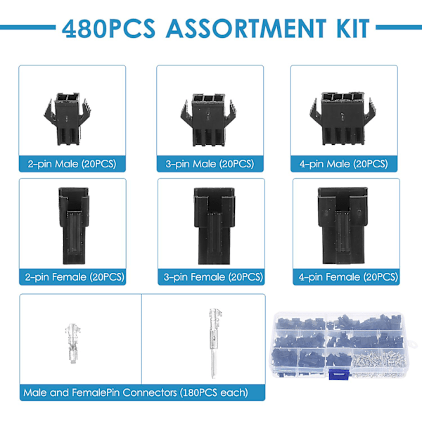 480 st JST SM 2,54 mm delning 2-stifts 3-stifts 4-stifts kontakthus sortiment kit hon- och han-Dupont-kontaktsats [FW]