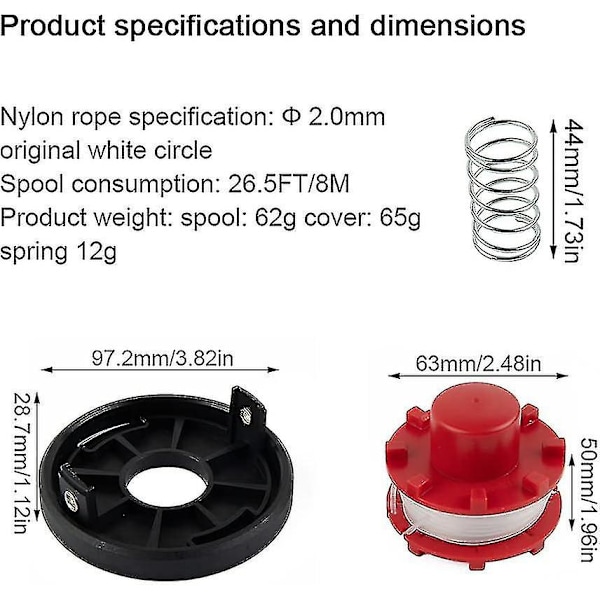 Gressklipperspoletråd med deksel og fjær - Erstatningsspole kompatibel med Einhell Ge-ct og Agillo-modeller