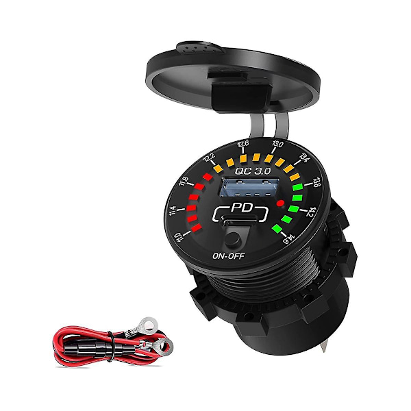 18W Type C PD Hurtiglader med Vanntett LED Voltmeter Vippebryter for Bil Båt