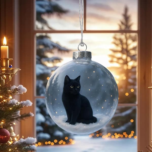 Julekulepynt, julekuleanheng med 3D-katt, akrylkatteanheng (W)