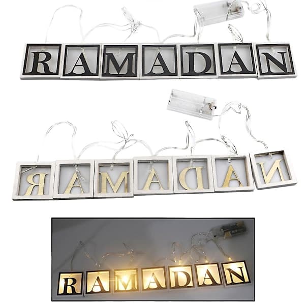 Träbokstäver för Ramadan med LED-ljusslinga - 12 delar, 3 meter lång