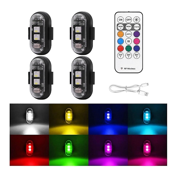 4 kpl Langattomat LED-strobovalot kaukosäätimellä, 8 väriä USB-lataus Vedenkestävä hätävaroitinvalot [fw} Black