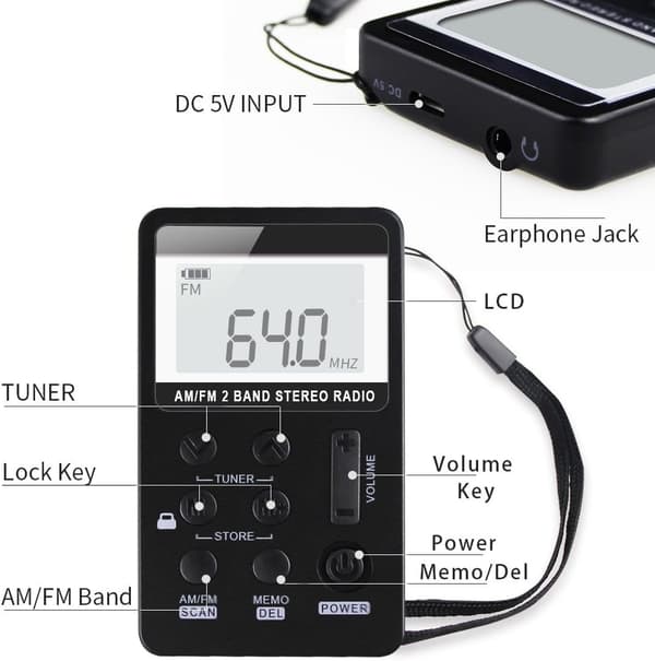 Bærbar AM/FM-radio med minidesign og transistorstrøm
