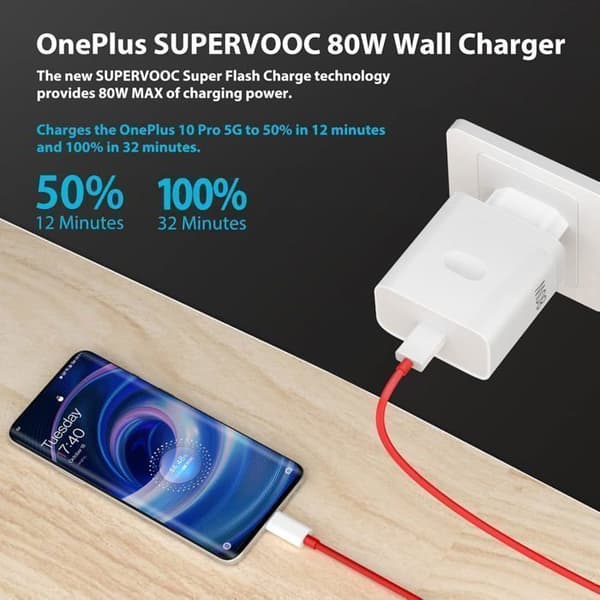 OnePlus hurtiglader med 80W effekt og 1m USB-C-kabel