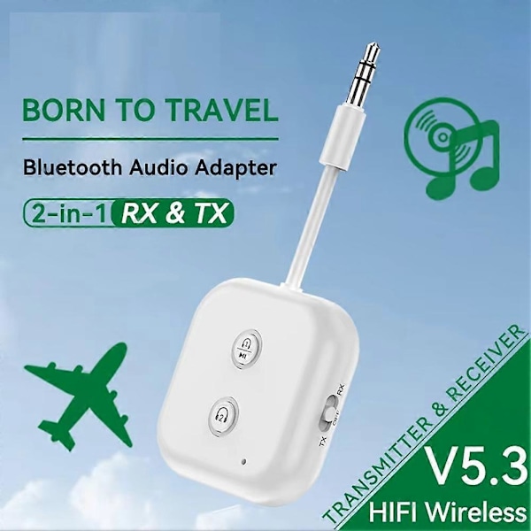 2 i 1 Bluetooth 5.3 Audio Transmitter Receiver 3.5MM AUX Stereo Trådløs Adapter med Mikrofon til Bil A (W)
