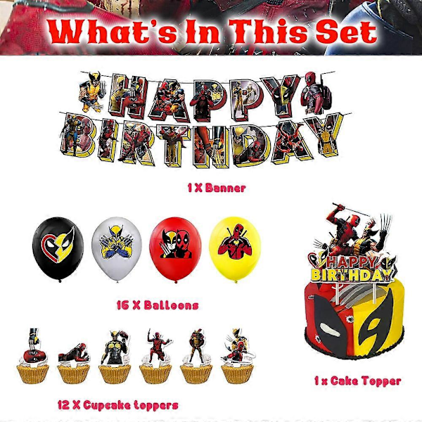 Deadpool & Wolverine Födelsedagsfesttillbehör Banner Ballonger Tårta Toppers Set Dekoration