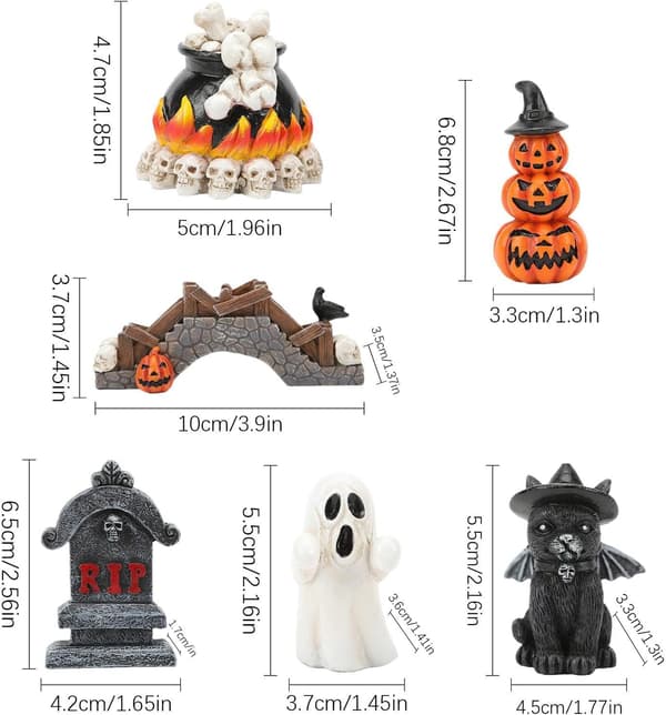 Mini Halloween-dekorasjoner (6 stk): gresskar, katt, gravstein, festgave, skrivebordsdekorasjon (W)