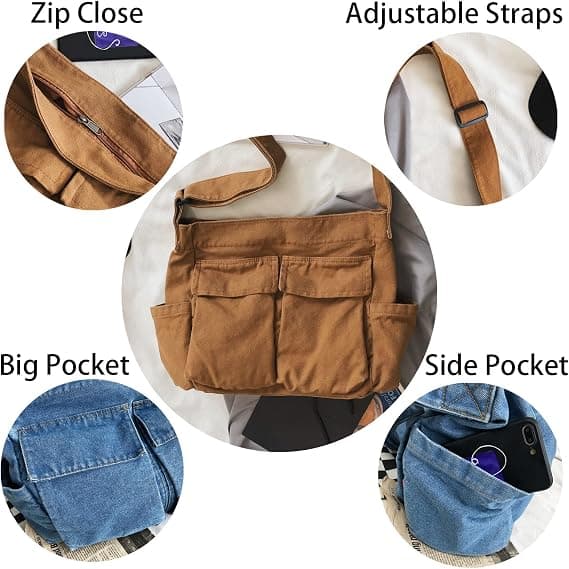 Suuri kangas hobo-olkalaukku ja ristikkäislaukku taskuilla, unisex