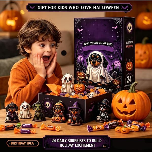 Halloween Julekalender med Gravhund, 24 Dage, Hundepynt, Nedtælling, 2D, Akryl, til Børn og Voksne (W)