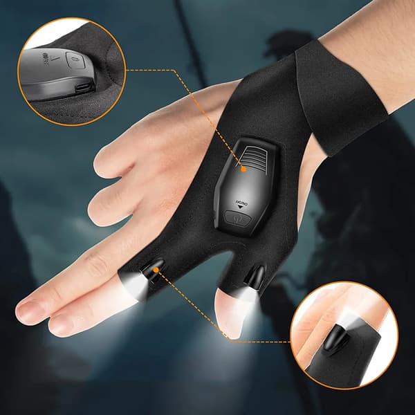 Fiskehandsker med LED-lommelygte til mørke steder - Fingerløse Universal Camping