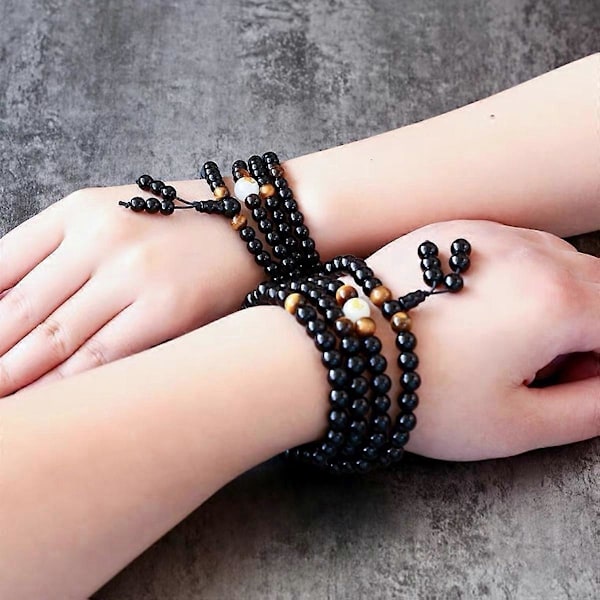 Korukoru 4 kierrosta Musta Kivi Rannekoru Valoisa Helmi Buddha Rannekoru 6mm (L)