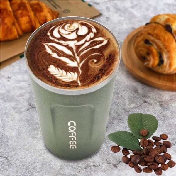 Resemugg, Isolerad Kaffekopp med Läcksäkert Lock - Återanvändbara Kaffekoppar för Resor - Bilkaffekopp - Termosmugg i Rostfritt Stål, 380ml (Grön) (W)