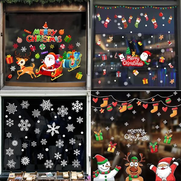 Jul Fönsterdekaler Paket med 2 Tomte Snöflinga Älg Träd Snögubbe