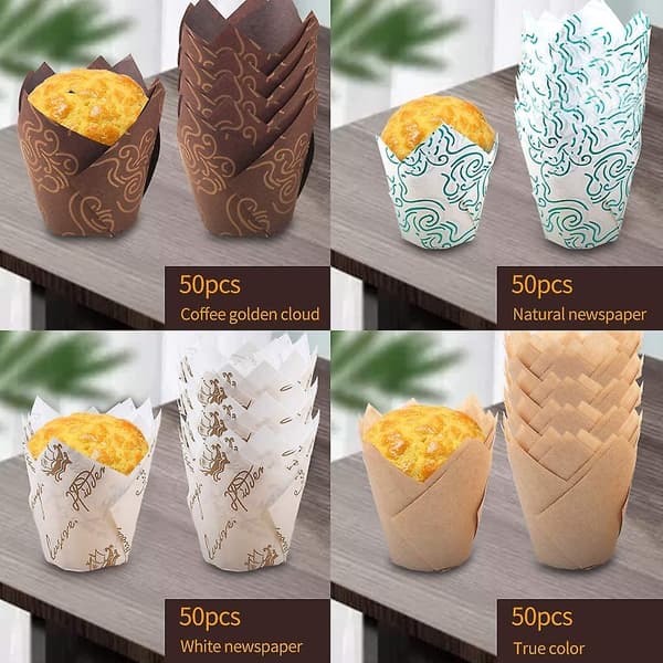 Cupcakeformar i papper, 200 stycken tulpanformade bakformar, muffinsformar i tidningspappersdesign
