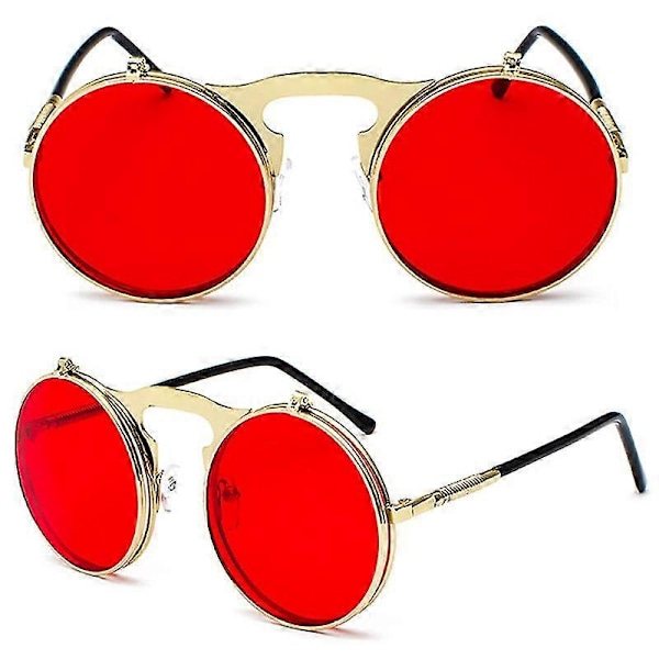 Mænd Unisex Solbriller Flip Up Linse Runde Briller [FW] Gold Frame Red Lenses