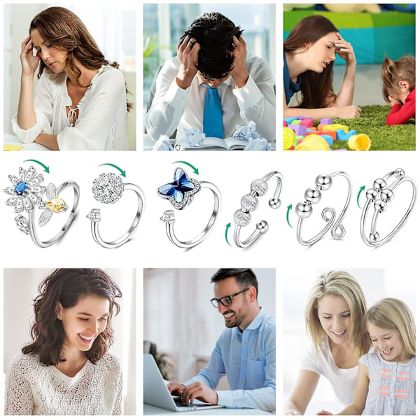 6 stk. Fidget Ringe til Angstlindring Justerbare Ringe Sæt Justerbare Ringe Fidget Ringe Kvinders Perlekæde
