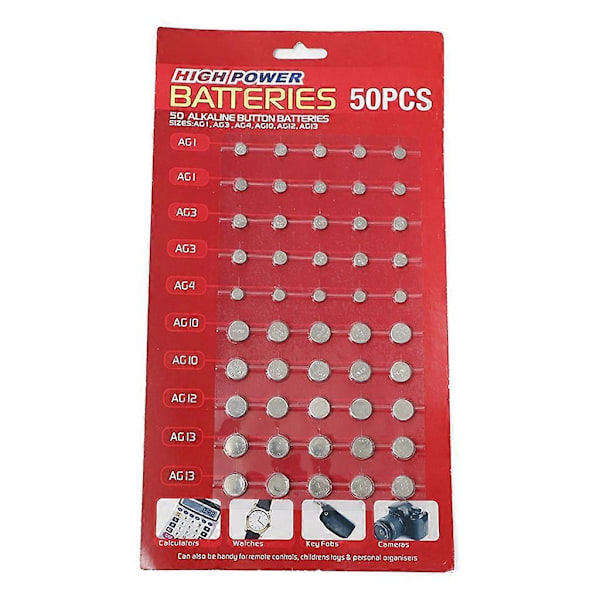 AG1/AG3/AG4/AG10/AG12/AG13 Knapcelle Batteri Sæt med 50 stk. Ur Batterier (W)
