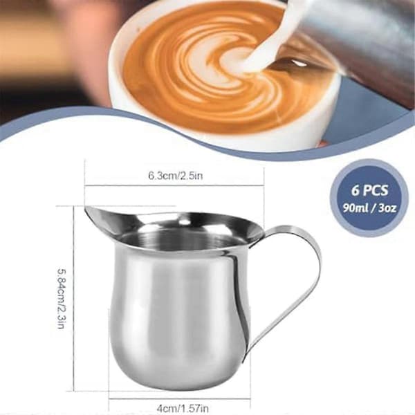 6 stk. Mini flødekander i rustfrit stål, 90 ml/3 oz, til kaffe og mælkeskumning (Fww) Silver