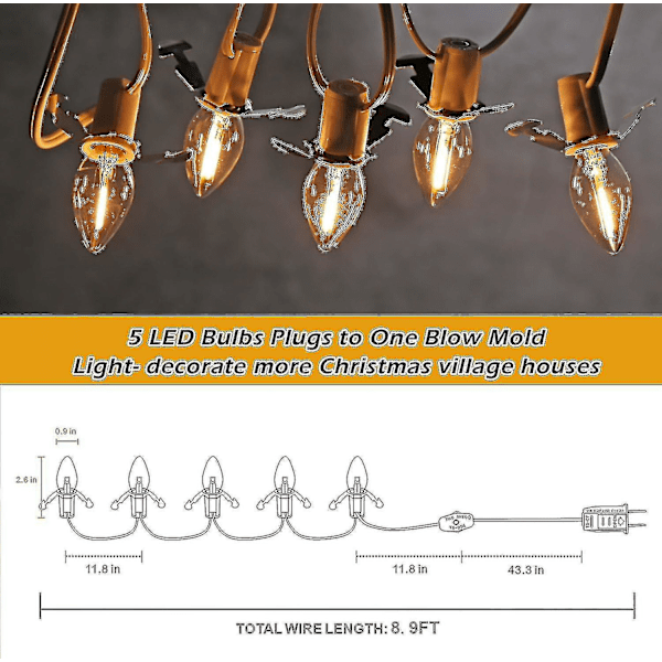 5 C7-kantaista joulukylan valoköysiä 5 LED-lampulla
