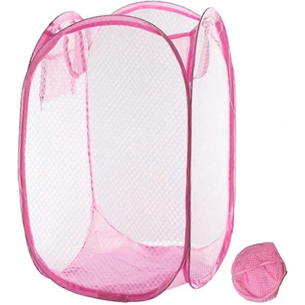 (Pink) Sammenfoldelig vasketøjskurv i mesh til soveværelse, børneværelse, kollegium og rejser (B)