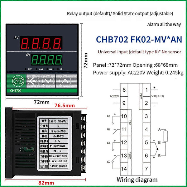 Dual Output SSR+Relæ CHB702 Termostat Digital Display Intelligent Universal Input Temperatur Kontrol (W)