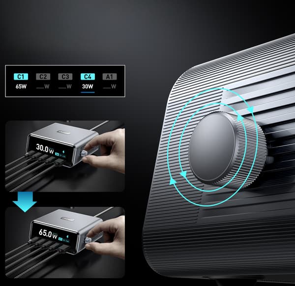 Intelligent 5-i-1 laddningsstation 100 W GaN, 4x USB-C, USB-A, LCD, PD/QC