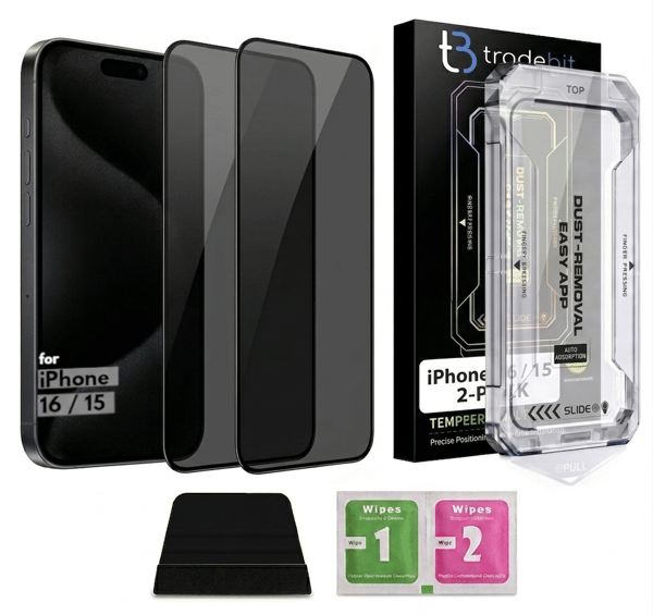 2-pack Integritetsskyddande härdat 9H-glas med appliceringsram för iPhone 16/15