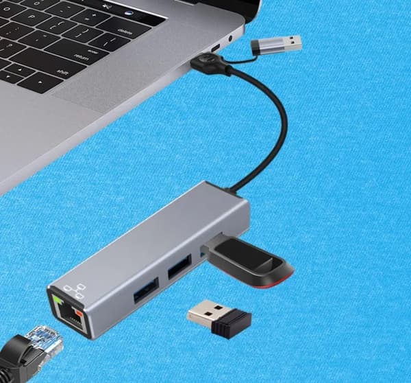 USB-C/USB-A HUB med RJ45 LAN 100 Mbps och USB 3.0, 2x USB-portar