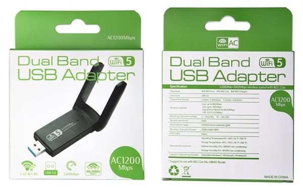 WiFi USB-adapter 1200 Mbps Dual Band 2,4/5 GHz USB 3.0 med dubbla antenner