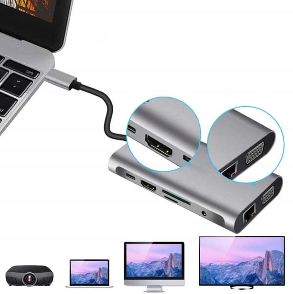 USB-C Hub-adapter HDMI 4K, VGA, Gigabit LAN, 3x USB 3.0, microSD och PD