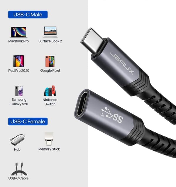 JSAUX USB-C 3.2-förlängare 100W 5A 10Gbps iPhone MacBook iPad Magsafe 4k 60Hz 2m