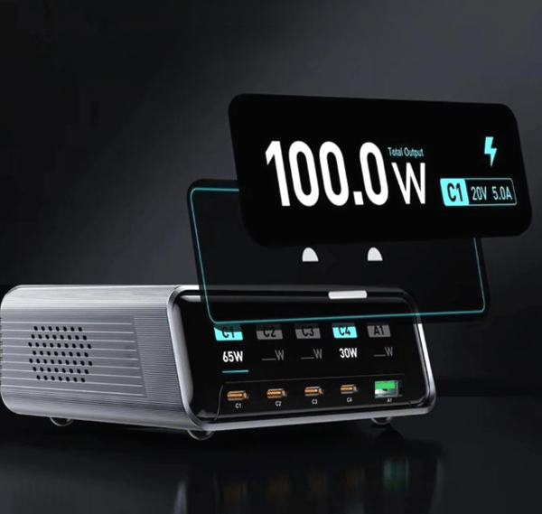 Intelligent 5-i-1 laddningsstation 100 W GaN, 4x USB-C, USB-A, LCD, PD/QC