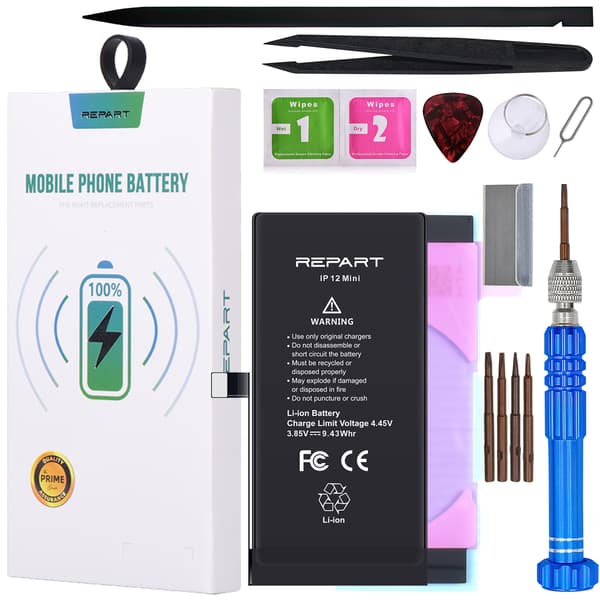 REPART Batteri till Apple iPhone 12 mini, 2450 mAh, högre kapacitet med verktyg