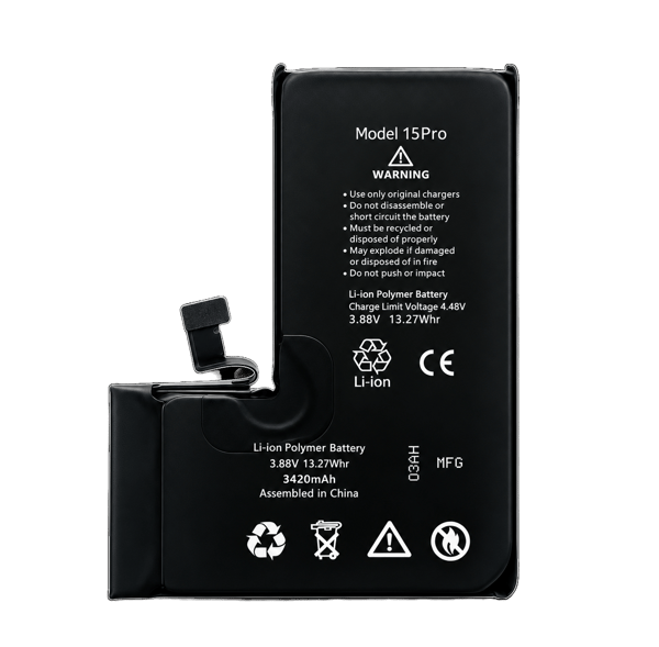 Batteri till iPhone 15 Pro, 3420 mAh, hög kapacitet, programmerbart, utan felmeddelande