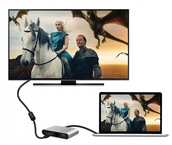 USB-C hubbadapter med HDMI 4K, RJ45 100 Mbps, 2x USB 3.0 och PDfällen