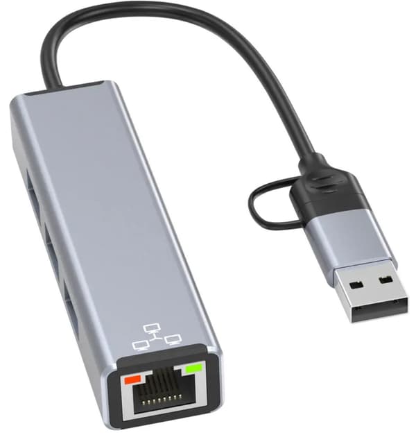 USB-C/USB-A HUB med RJ45 LAN 100 Mbps och USB 3.0, 2x USB-portar