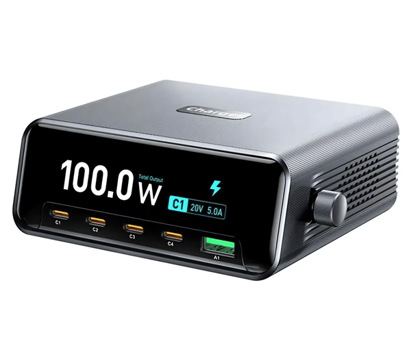 Intelligent 5-i-1 laddningsstation 100 W GaN, 4x USB-C, USB-A, LCD, PD/QC