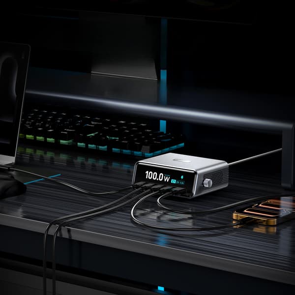 Intelligent 5-i-1 laddningsstation 100 W GaN, 4x USB-C, USB-A, LCD, PD/QC