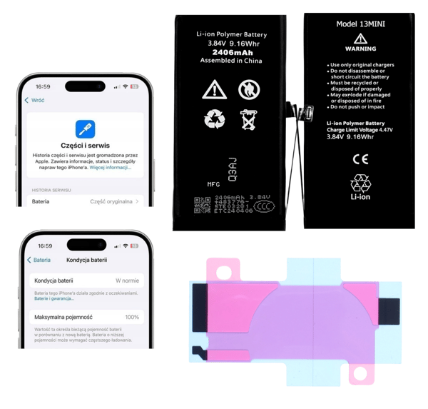 REPART Batteri för Apple iPhone 13 mini, 2406 mAh, diagnostiserbart, inkl. tejp