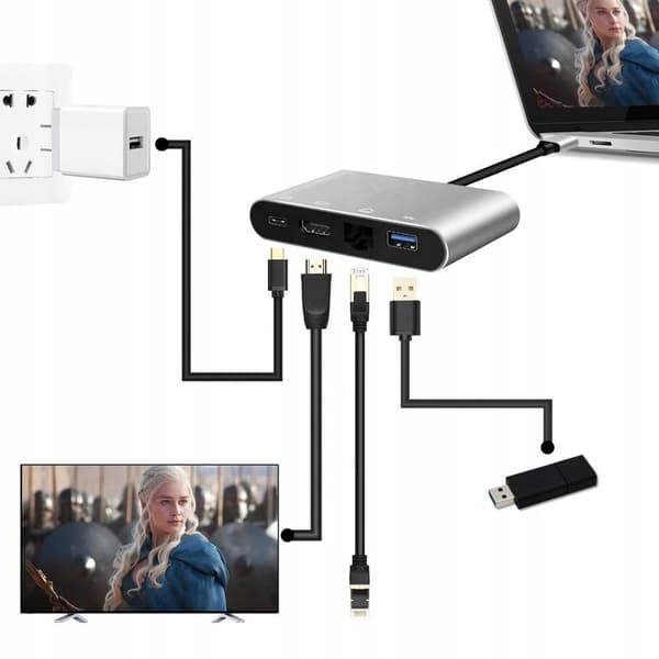 USB-C hubbadapter med HDMI 4K, RJ45 100 Mbps, 2x USB 3.0 och PDfällen